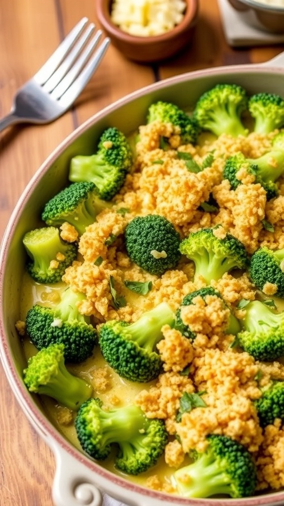 Air fryer broccoli casserole with cheese sauce and crispy topping in a rustic dish on a wooden table.
